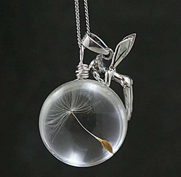 Dandelion Seed Glass Globe with Angel Fairy Necklace