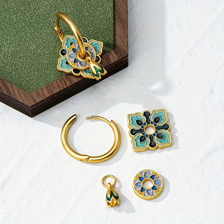 Vintage Enamel Copper Plated Flower Earrings