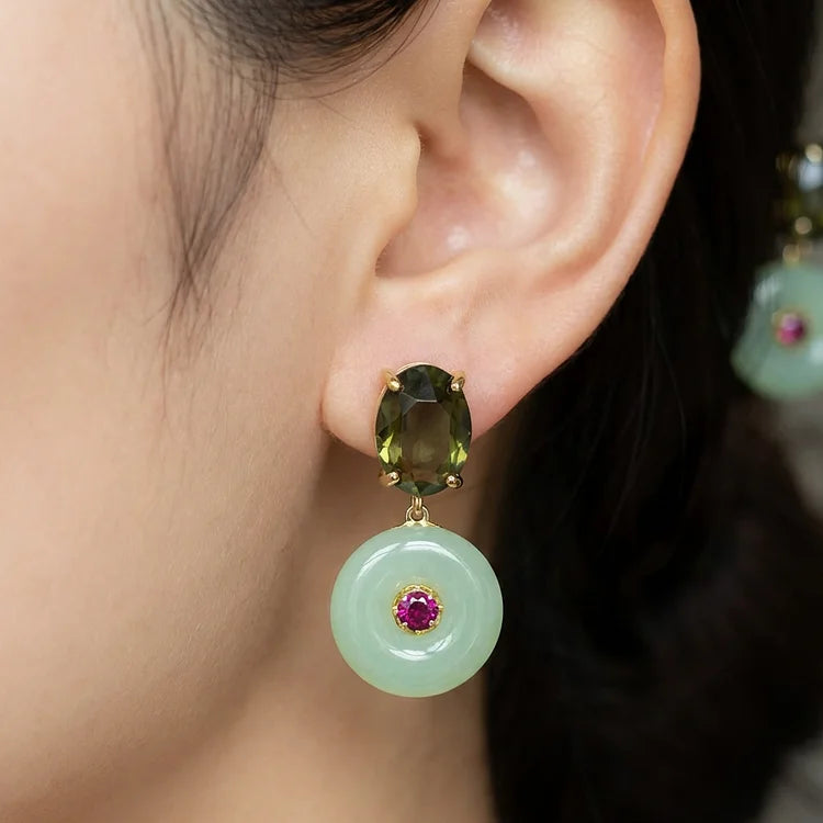 Vintage Handcrafted Jade Circle Drop Earrings