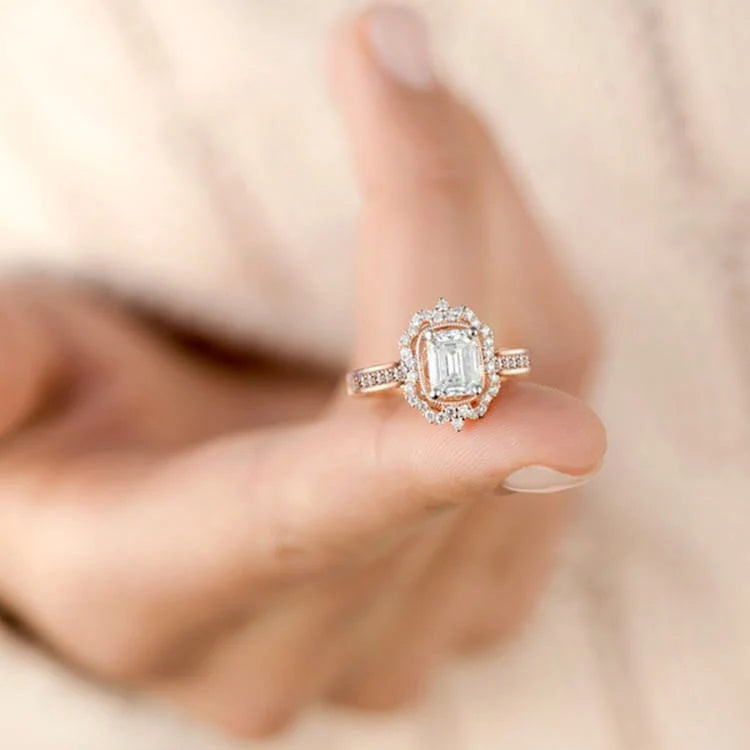 Rectangle Diamond Halo Ring
