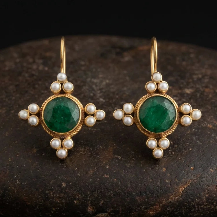 Vintage Green Crystal & Pearls Earrings