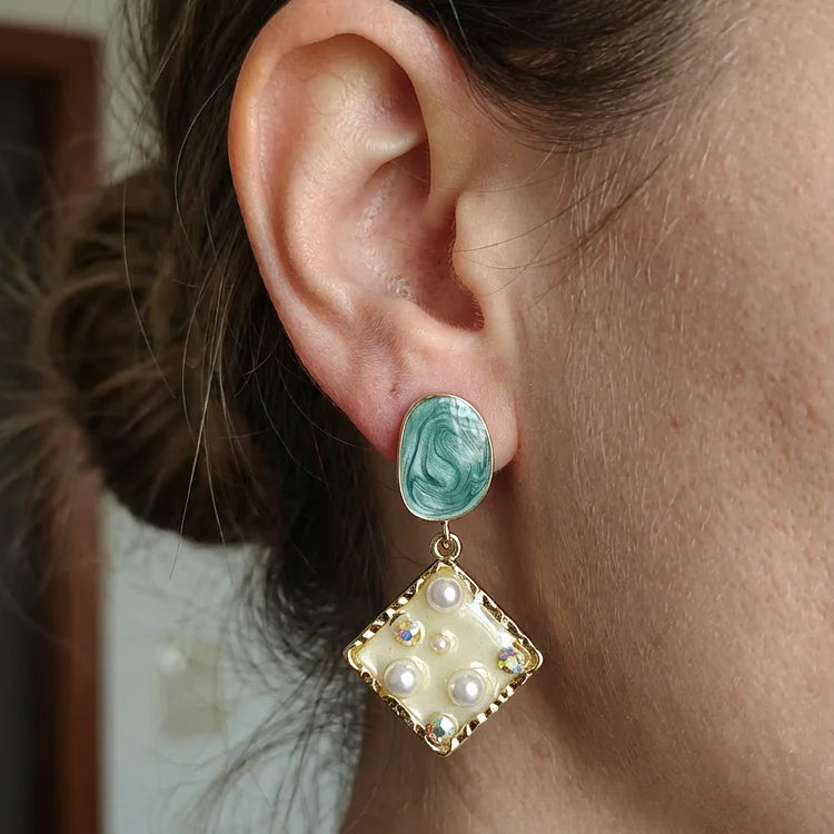 Vintage Marquise Marble & Pearl Drop Earrings