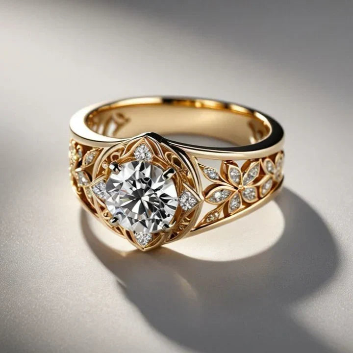 Exotic Hollow Flower Crystal Ring in Gold