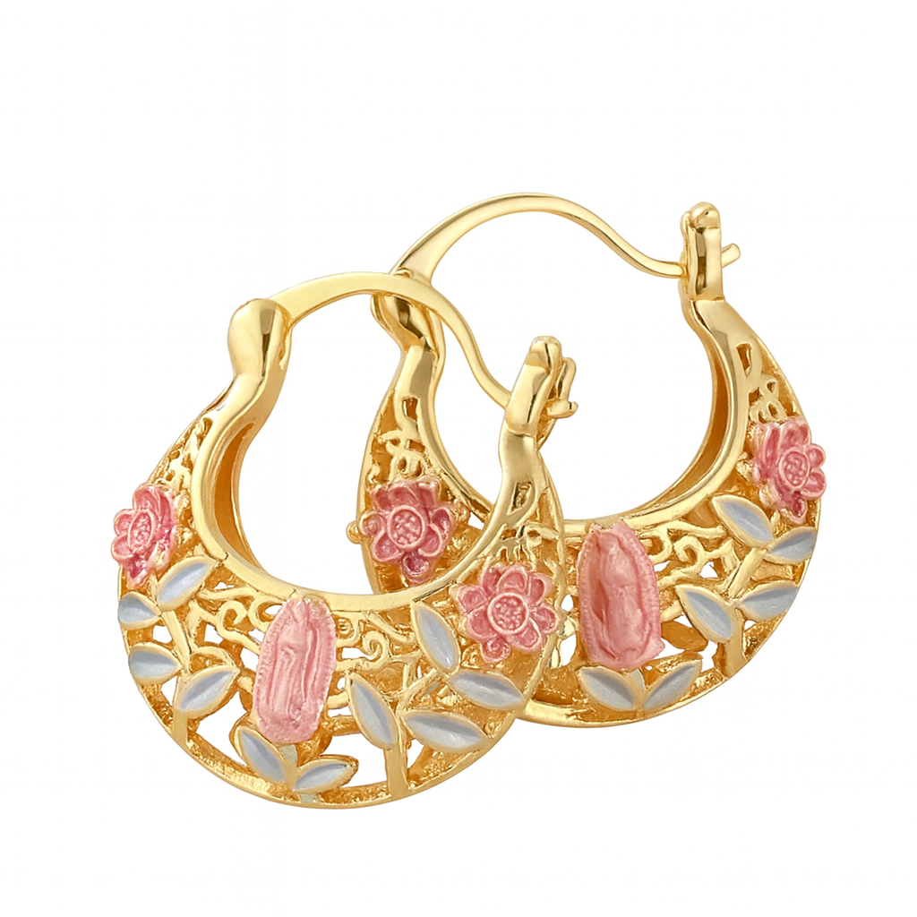 Vintage Boho Pink Floral Gold Plated Hoop Earrings