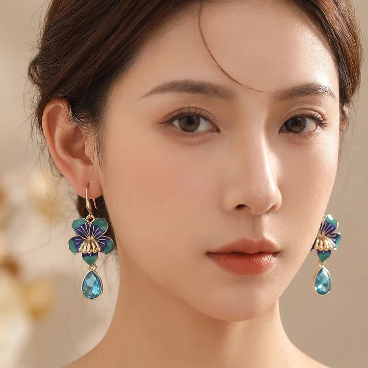Vintage Enamel Pansy Flower Drop Earrings