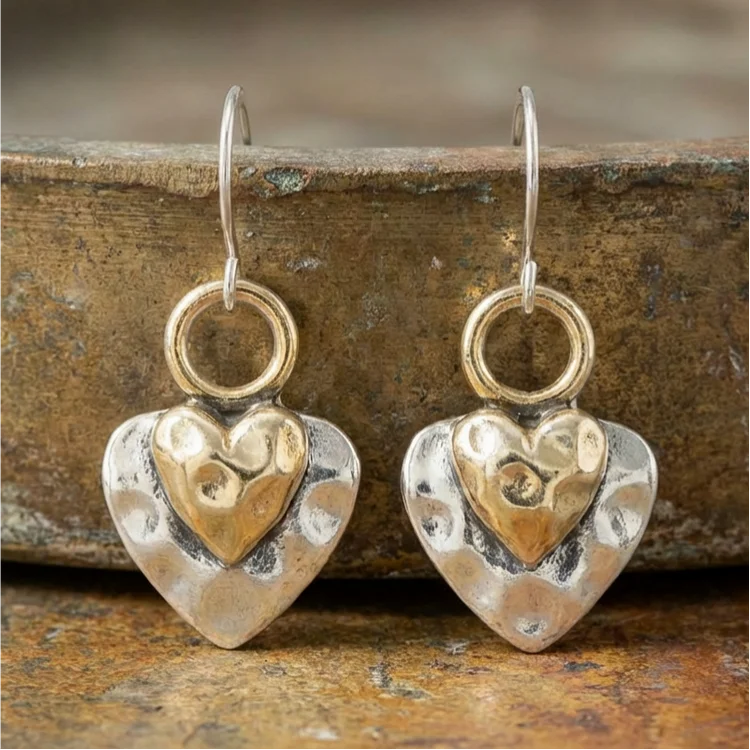 Vintage Hammered Two-Tone Heart Drop Earrings