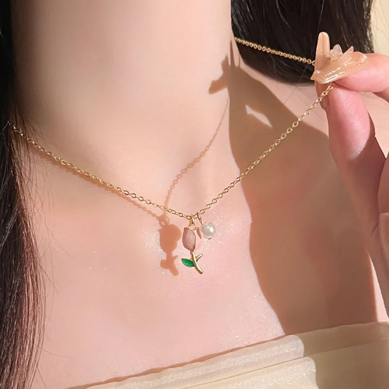 Pink Tulip Garden Necklace & Earrings Set