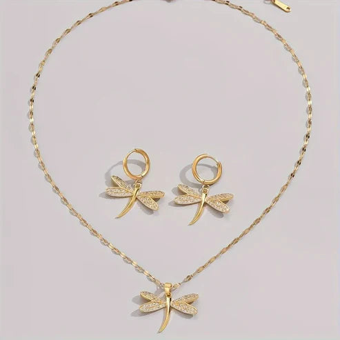 Gold Dragonfly Jewelry Necklace with Bonus Earrings