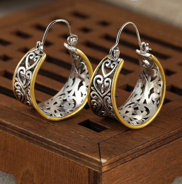 Vintage Two-Tone Hand Carved Bohemian Hoop Earrings