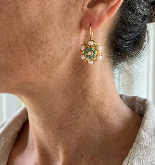 Vintage Turquoise & Pearl Medallion Earrings