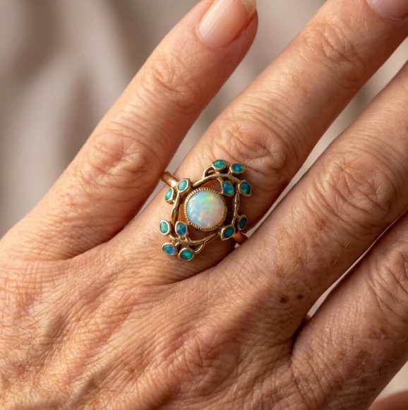 Vintage Floral Design Opal & Blue Crystal Gold Ring