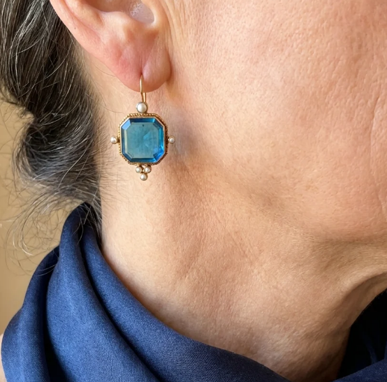 Vintage Blue Glass Accents Fleur De Lis Dangle Earrings
