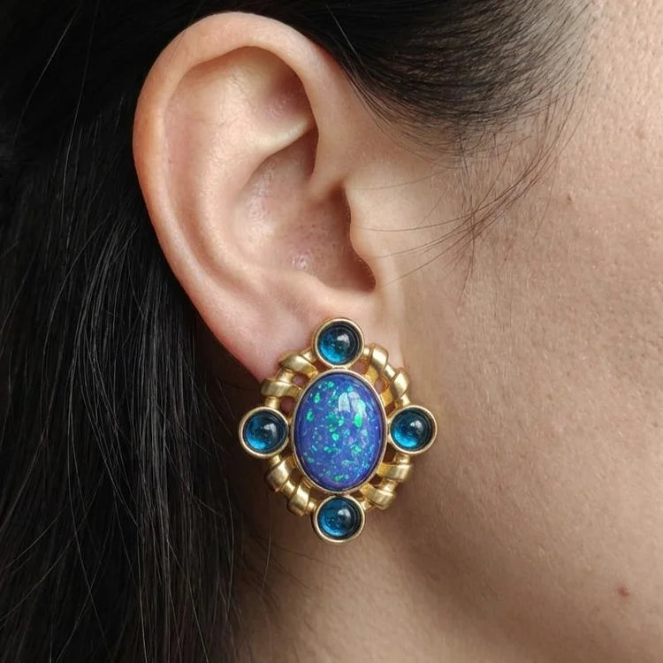 Silver Vintage Opal and Blue Glass Cluster Earrings
