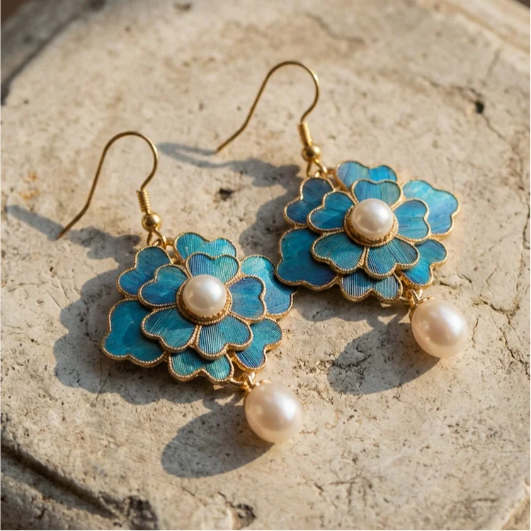 Vintage Blue Lotus Pearl Dangling Earrings