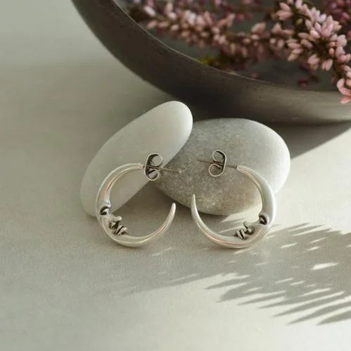 Vintage Antique Silver Engraved Thick MOON Hoop Earrings