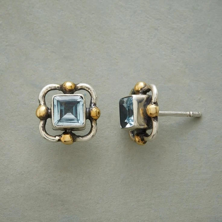 Vintage Blue Zirconia Cube Stud Earrings