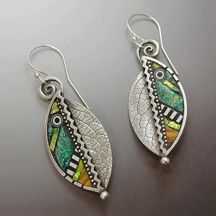 Vintage Green Crystal Leaf Silver Earrings