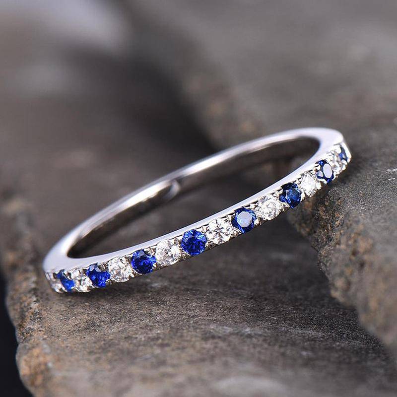 Round Cut Half Eternity Blue And White Sapphire Wedding Ring