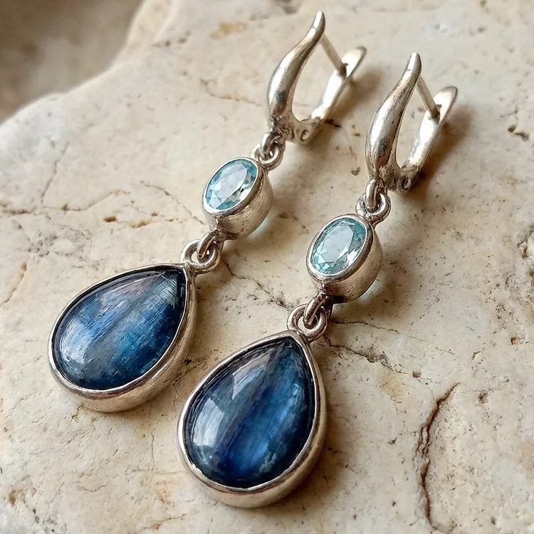 Elegant Silver Earrings with Aquamarine and Banded Blue Gemstones