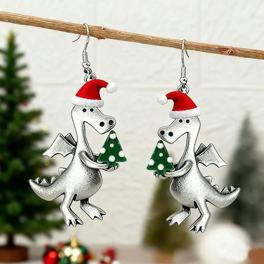 Christmas Tree Dinosaur Earrings