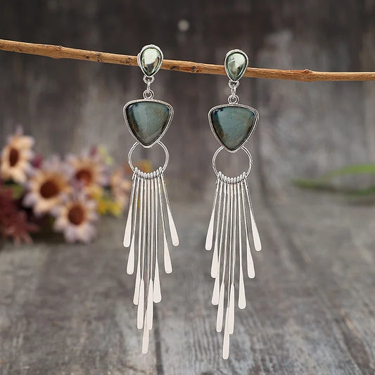 Vintage Geometric Tassel Inlaid Gemstone Earrings