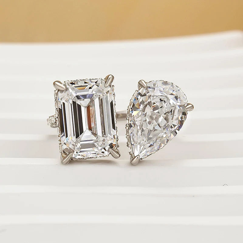 Unique Design Emerald Cut & Pear Cut Engagement Ring