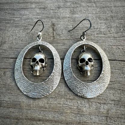 Vintage Silver Calavera Skeleton Hoop Earrings