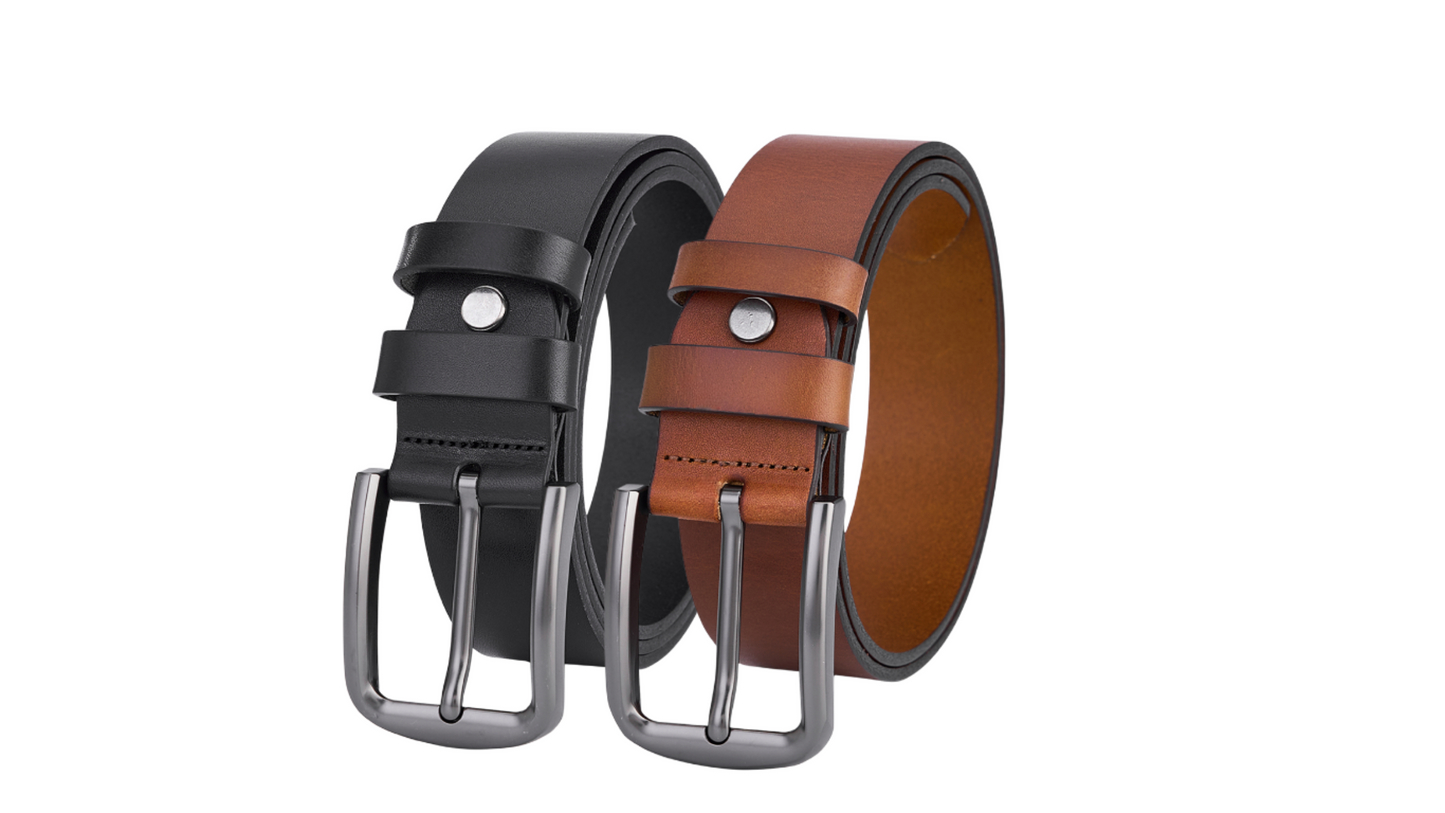 2 pieces round leather straps – Black & Cognac – Premium men's belt for every style