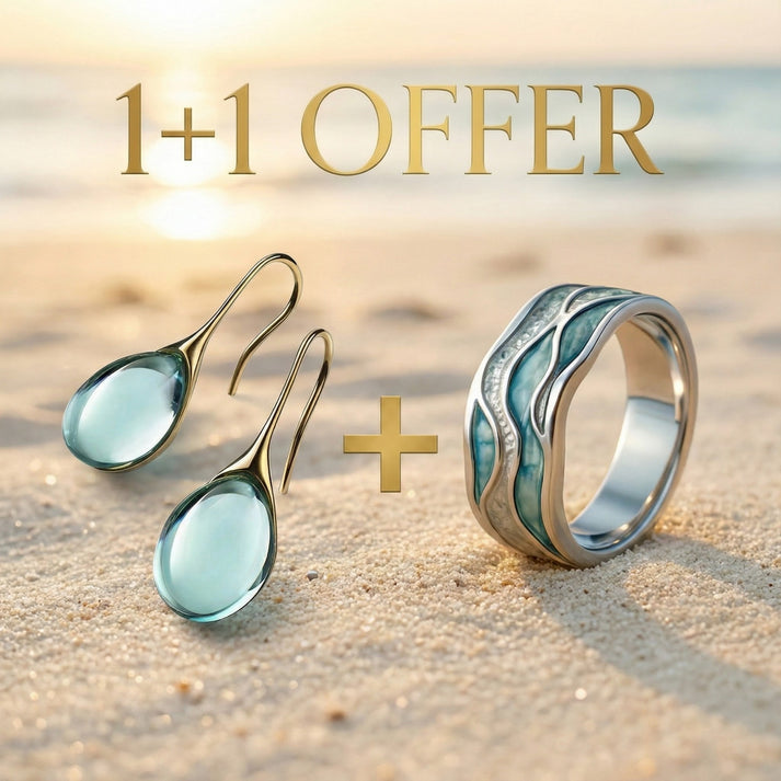 1+1 Offer: Aurora Ocean Beach Wave Ring + Crystal drop earrings in gol ...