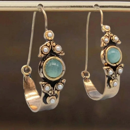 Classic Silver Mint Cabochon Pearl Hoop Earrings