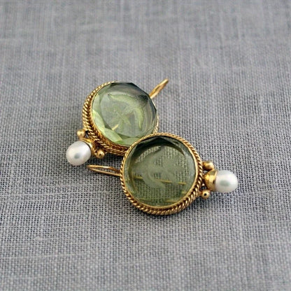 Vintage Hexagonal Green & Pearl Earrings