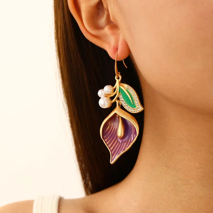 Vintage Calla Lily Flower Pearls Earrings