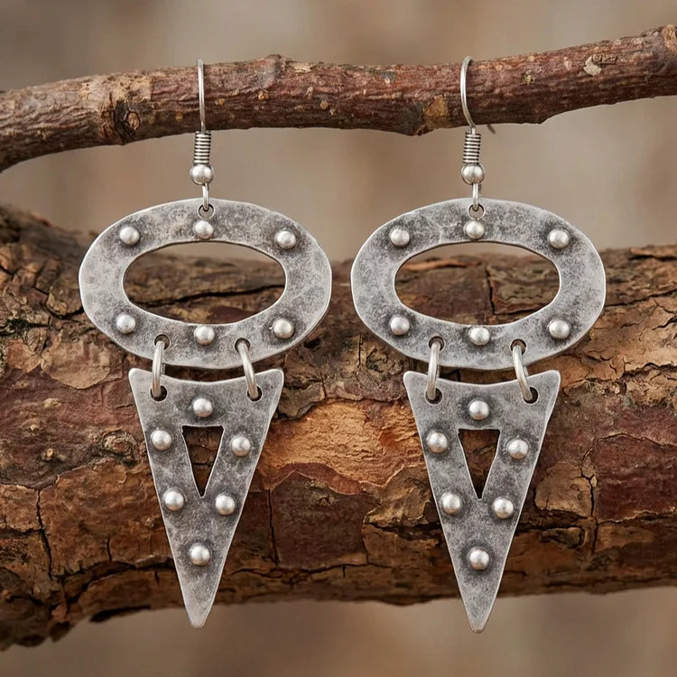 Vintage Boho Silver Oval and Triangle Earrings