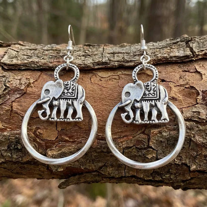 Vintage Bohemian Silver Elephant Earrings