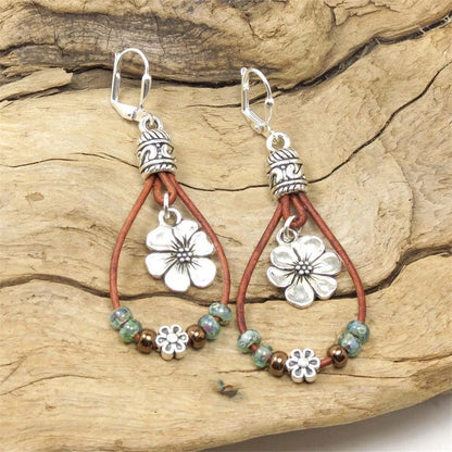 Bohemian Leather Cord Flower Earrings