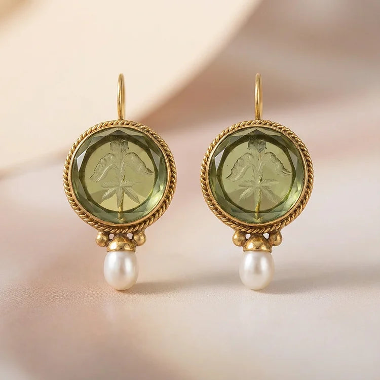 Vintage Hexagonal Green & Pearl Earrings
