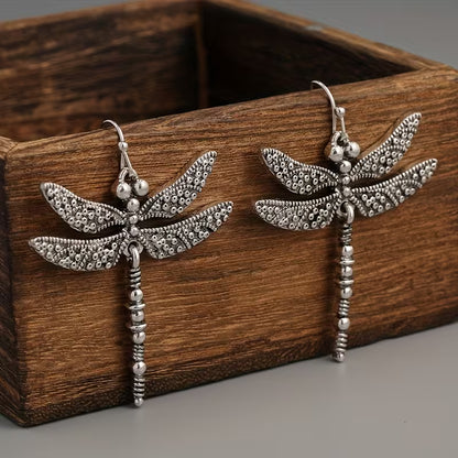 Silver Vintage Dragonfly Carved Pattern Retro Earrings