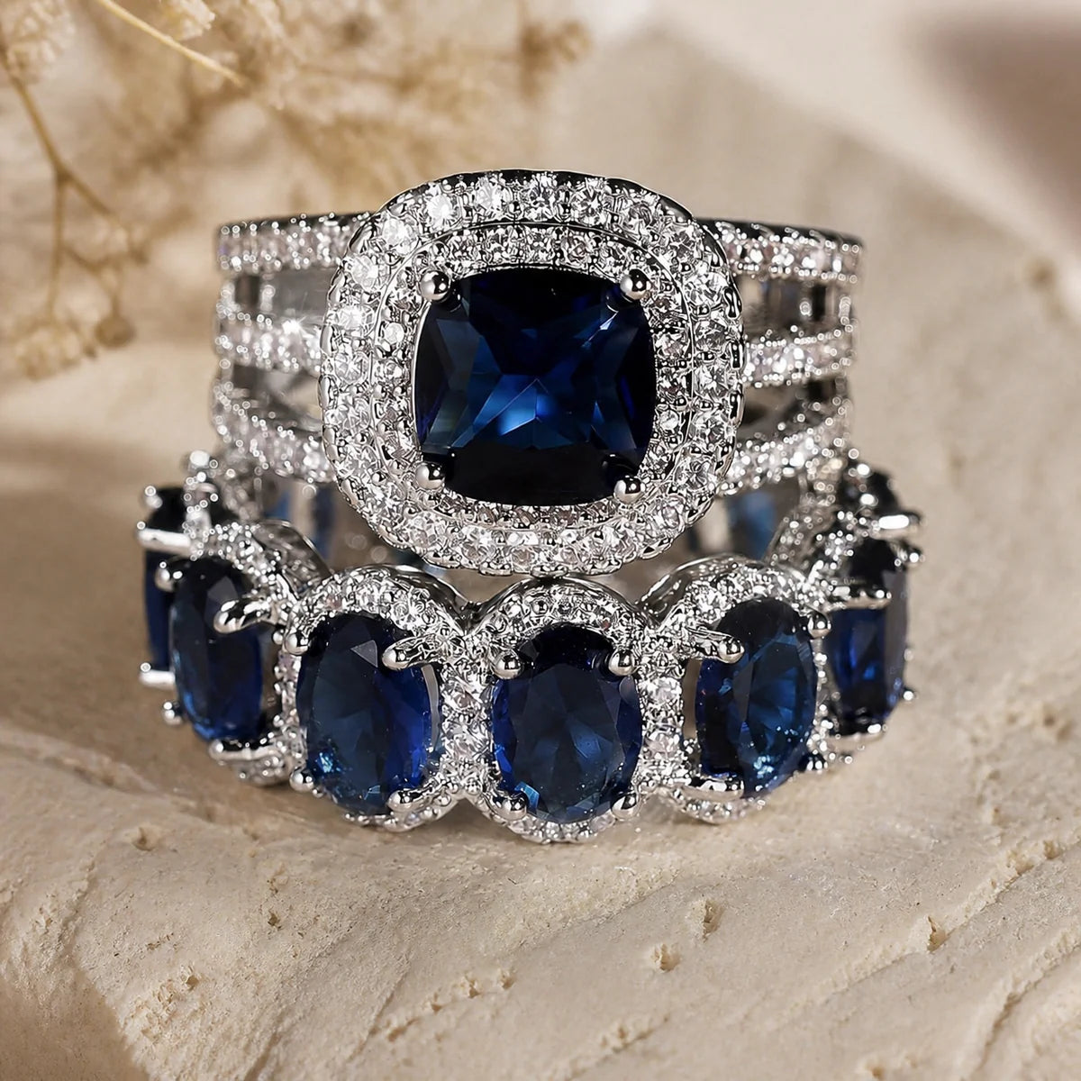 Sapphire Halo Stack Ring Set