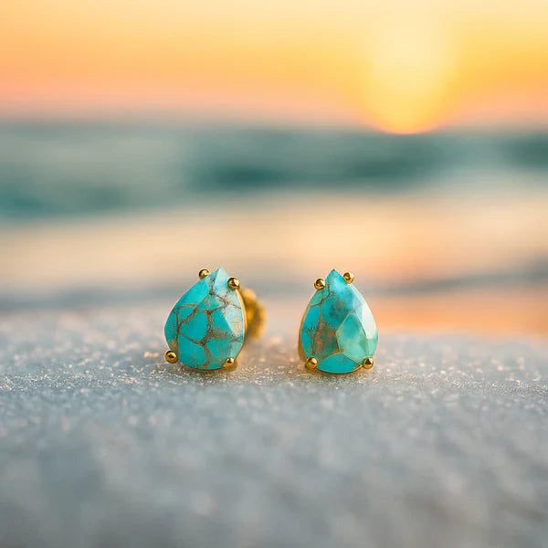1+1 Offer: Vintage Turquoise Inlaid Stone Gold & Silver Ring + Mediterranean Tears – Turquoise Stone Stud Earrings