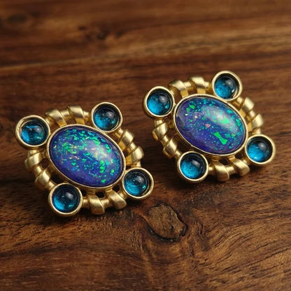 Silver Vintage Opal and Blue Glass Cluster Earrings