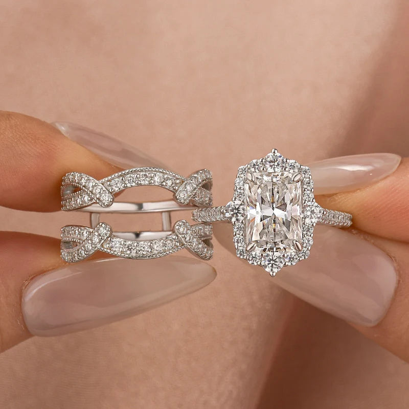 Radiant Cut Halo Insert Wedding Ring Set