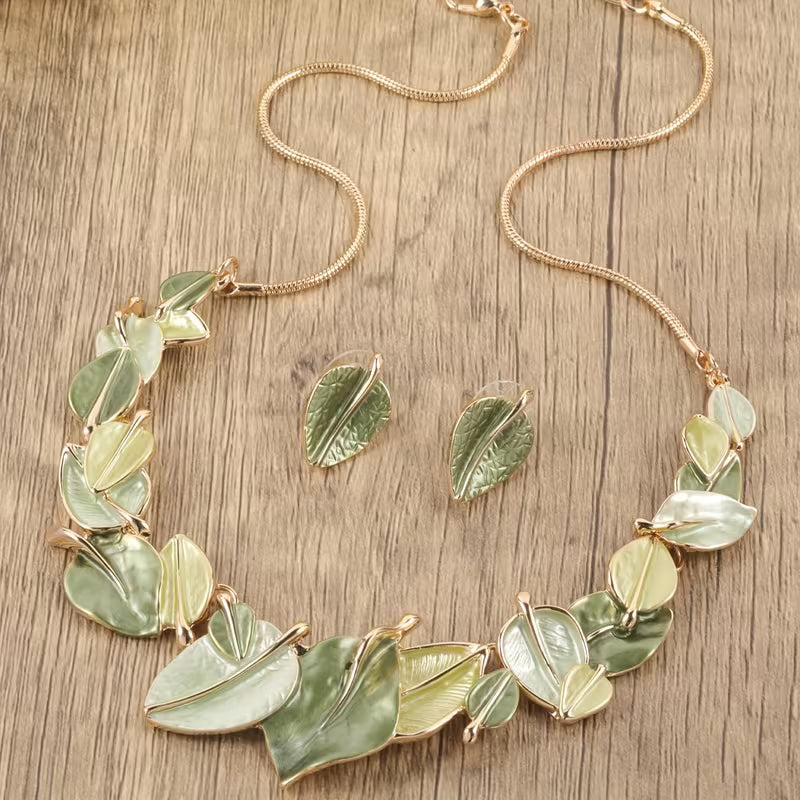 Verdant Leaf Symphony Necklace & Earring Set