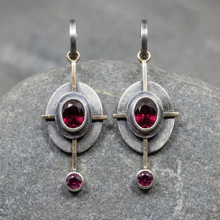 Boho Earrings with Garnet Crystal in Sterling Silver