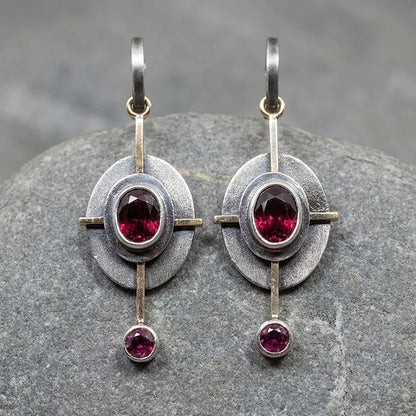 Boho Earrings with Garnet Crystal in Sterling Silver