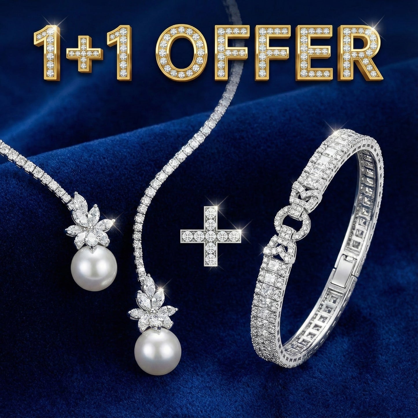 1+1 Offer: Elegant shiny necklace with pearls made of silver + Emerald Cut White Sapphire Bracelet