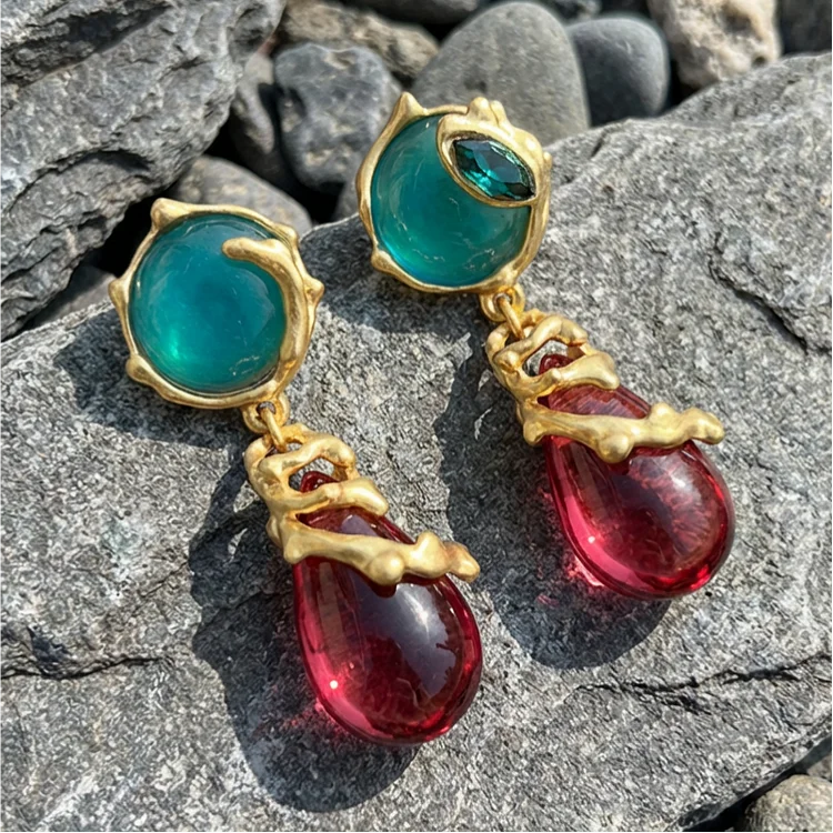 Vintage Artisan Two-Tone Gem Drop Earrings