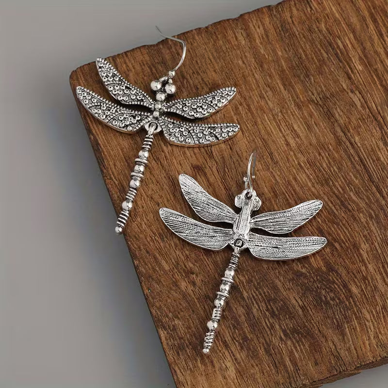 Silver Vintage Dragonfly Carved Pattern Retro Earrings