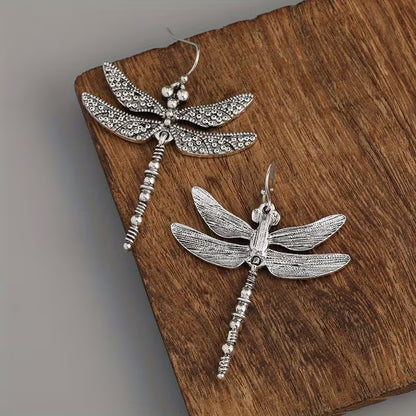 Silver Vintage Dragonfly Carved Pattern Retro Earrings