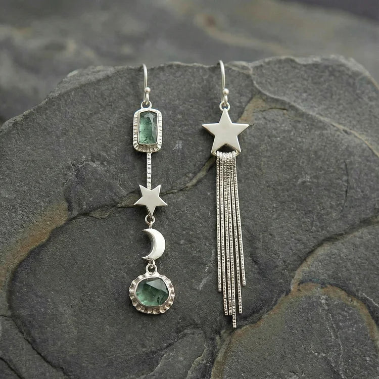 Vintage Asymmetric Star Tassel with Moon and Crystals Inlay Earrings