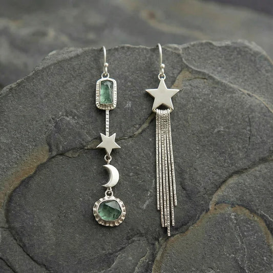 Vintage Asymmetric Star Tassel with Moon and Crystals Inlay Earrings